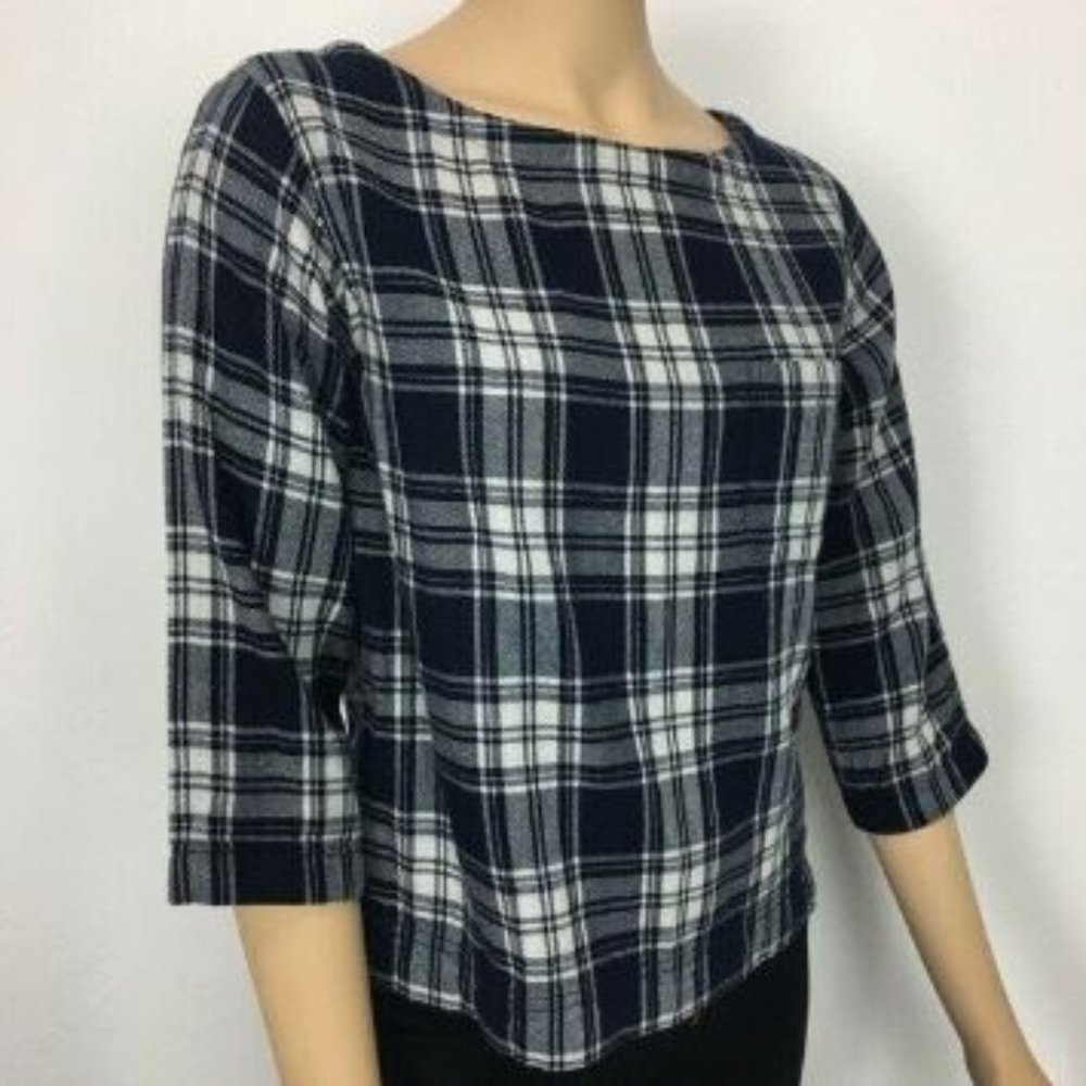 Madewell Top 3/4 Sleeve Plaid Blue & White Size  M